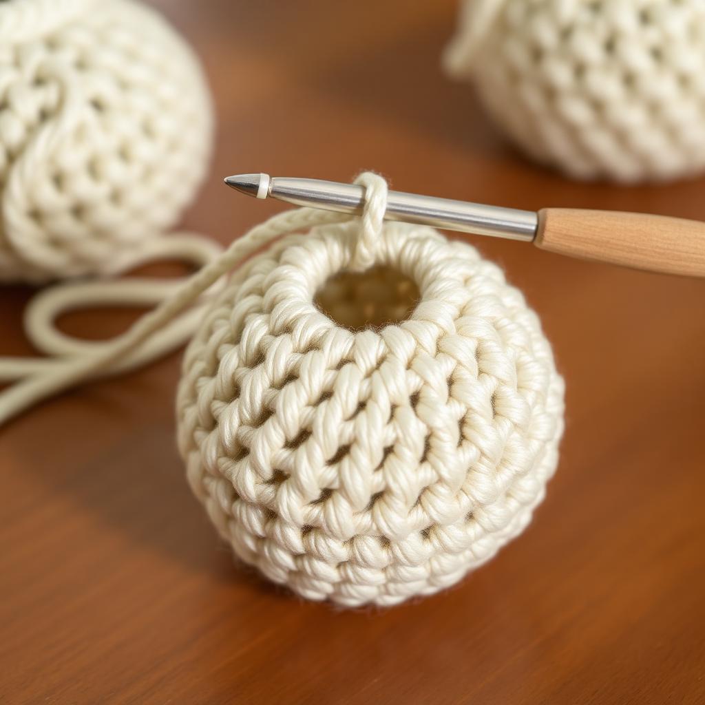 A cream amigurumi work-in-progress sphere with hook, showing tight single crochet stitches