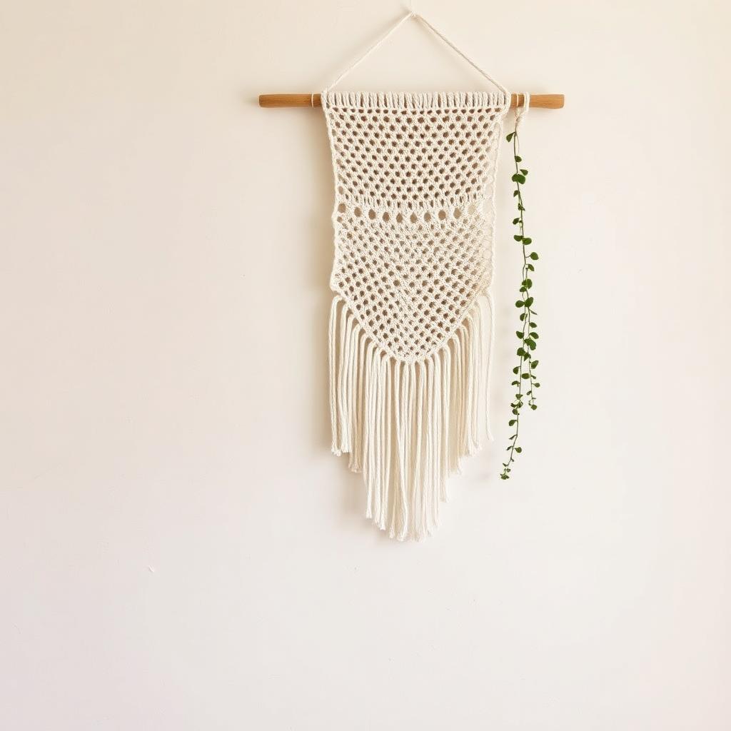 A cream boho crochet wall hanging with fringe on a wooden dowel against a warm off-white wall