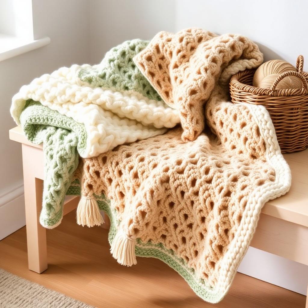 A chunky corner-to-corner crochet throw in cream, sage and beige folded on a wooden bench with a basket of yarn