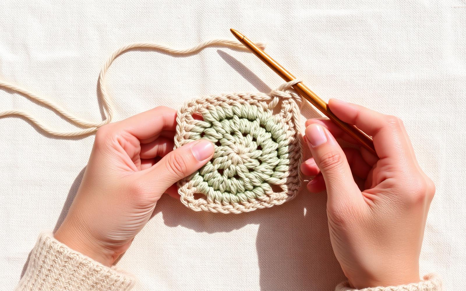 Hands crocheting a single classic granny square in cream and sage green yarn on cream linen with a wooden hook