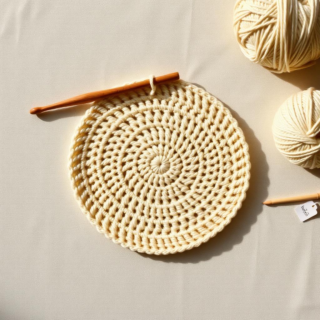 Cream flat crochet circle in double crochet on a linen surface with a wooden hook and cotton yarn balls