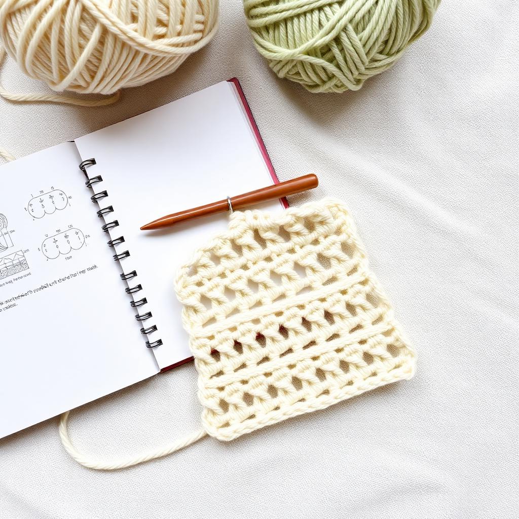 Crochet tutorial flat lay with a cream double crochet swatch, wooden hook, open notebook with hand-drawn stitch diagrams and balls of cream and sage green yarn