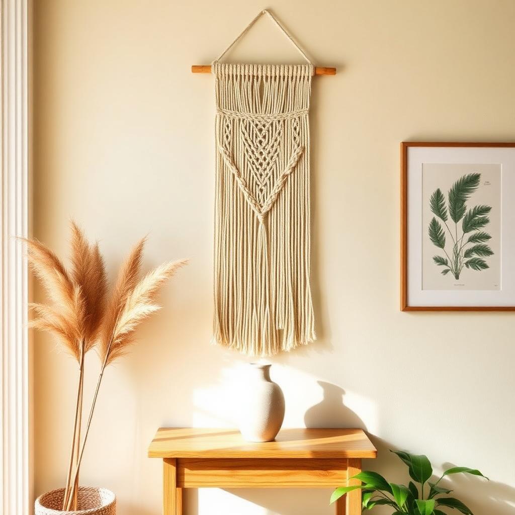 Handmade natural cotton macrame wall hanging above a small oak console table with ceramic vase, dried pampas grass and framed botanical print in a warm cream and sage green room
