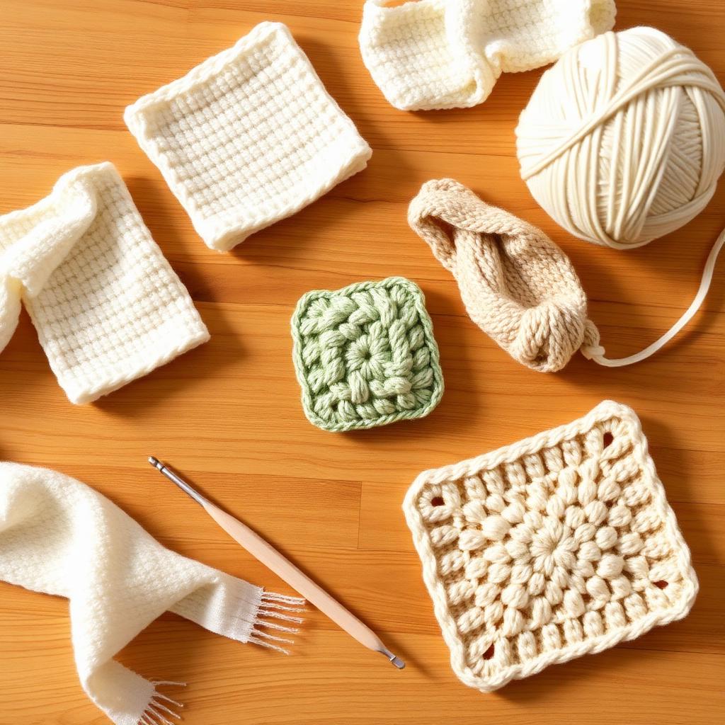 Flat lay of easy beginner crochet projects — cream washcloth, sage granny square, beige headband and cotton yarn on a wooden table