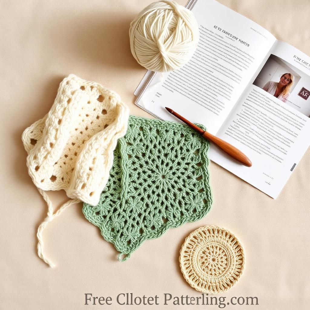 Flat lay of free crochet patterns in progress with cream granny square, sage green washcloth, natural cotton coaster, wooden hook, yarn ball and printed pattern pages on a warm linen background