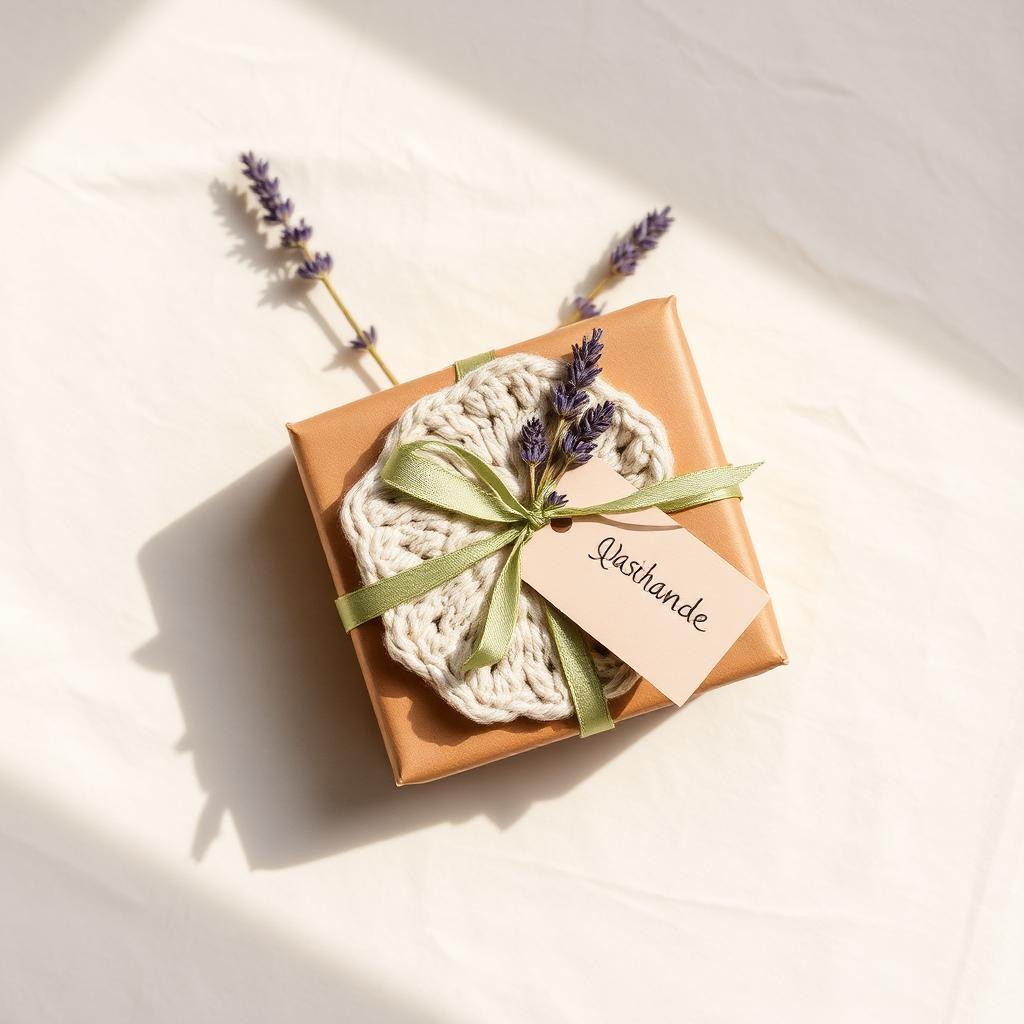 Handmade gift with a small crocheted washcloth tied with sage green ribbon on a kraft paper gift box with sprig of dried lavender and handwritten tag on cream linen