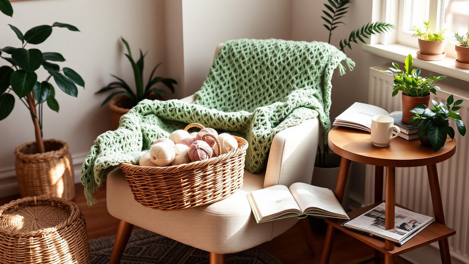 A cozy crafting nook with a sage green crochet blanket, wicker basket of yarn balls, wooden side table and warm morning light