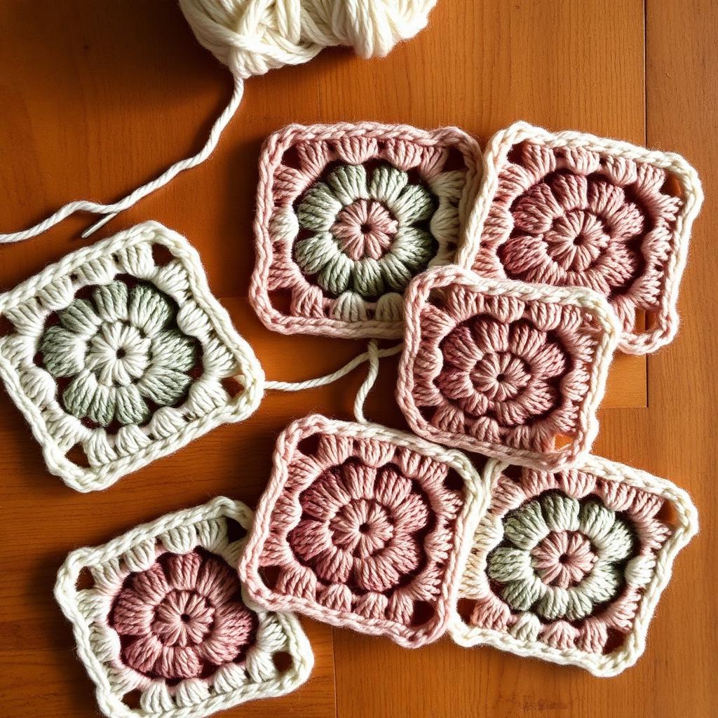 Several finished granny squares in cream, sage and rose being joined with a tapestry needle on a wooden table