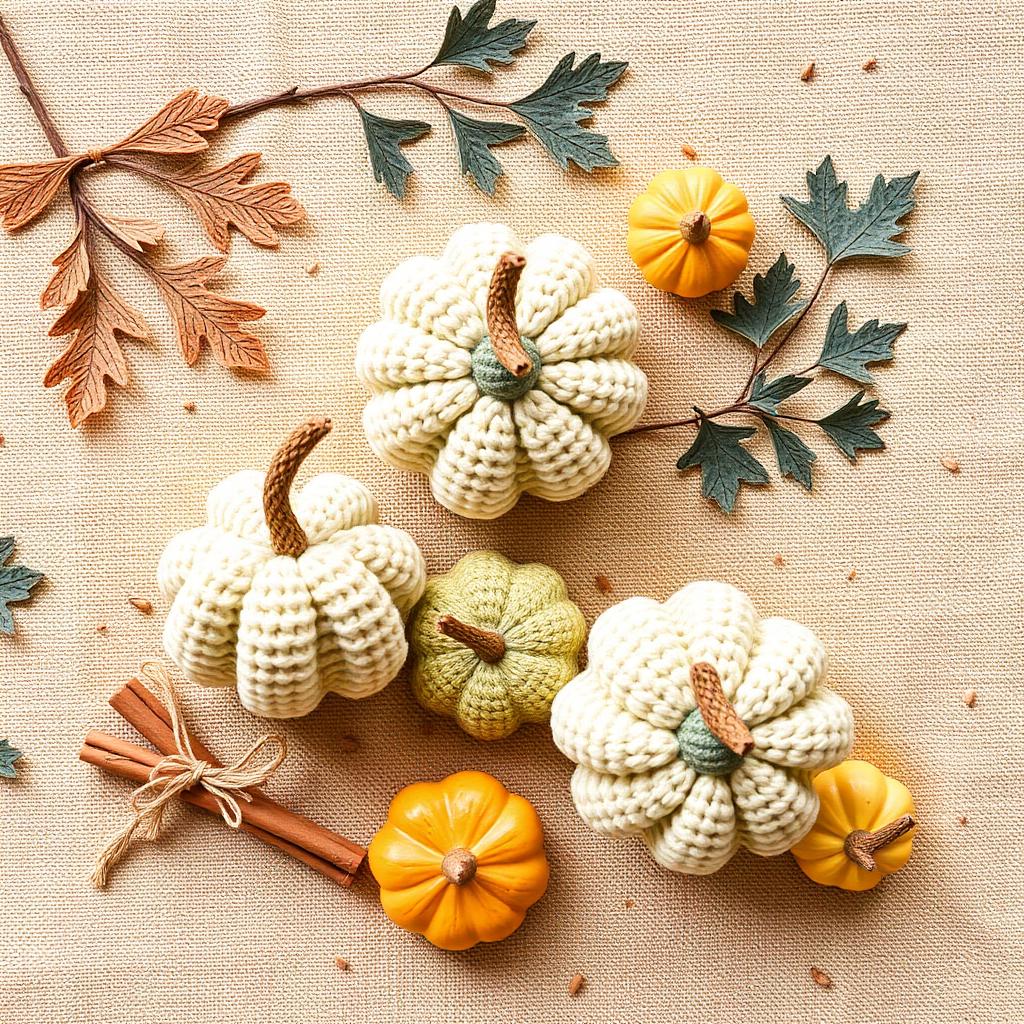 Group of handmade crocheted pumpkins in cream and sage green on a warm beige linen background with dried oak leaves, mini gourds and cinnamon sticks tied with twine