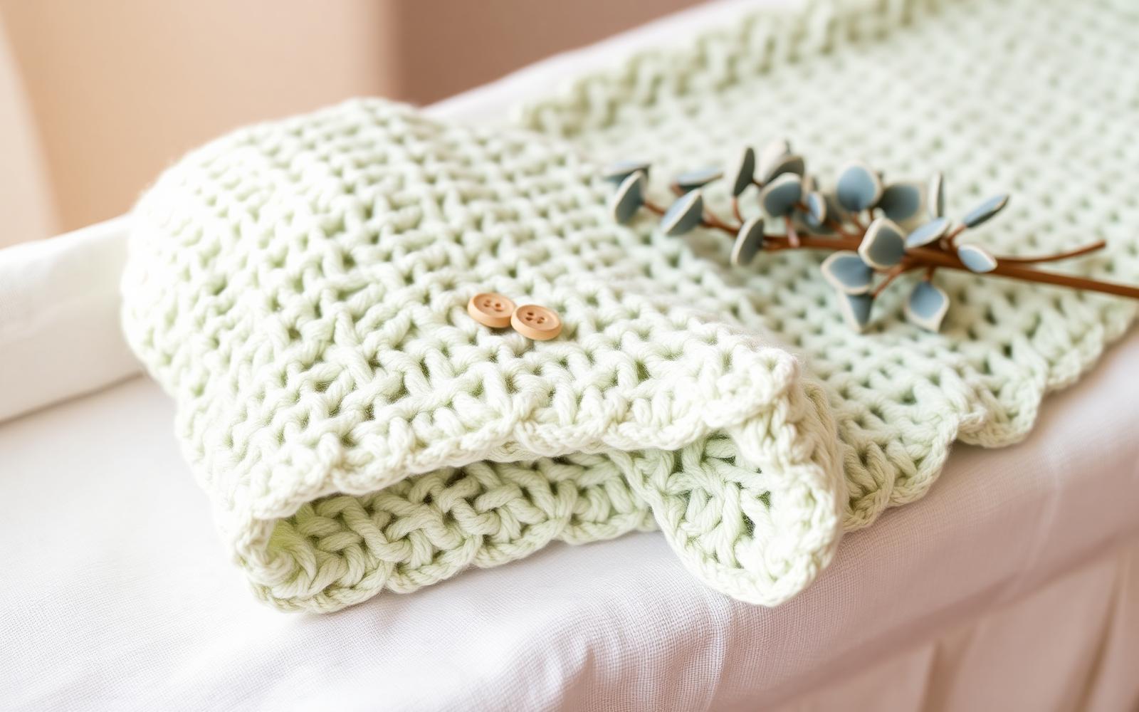 Folded mint green shell-stitch crochet baby blanket on a white linen bassinet beside a sprig of eucalyptus
